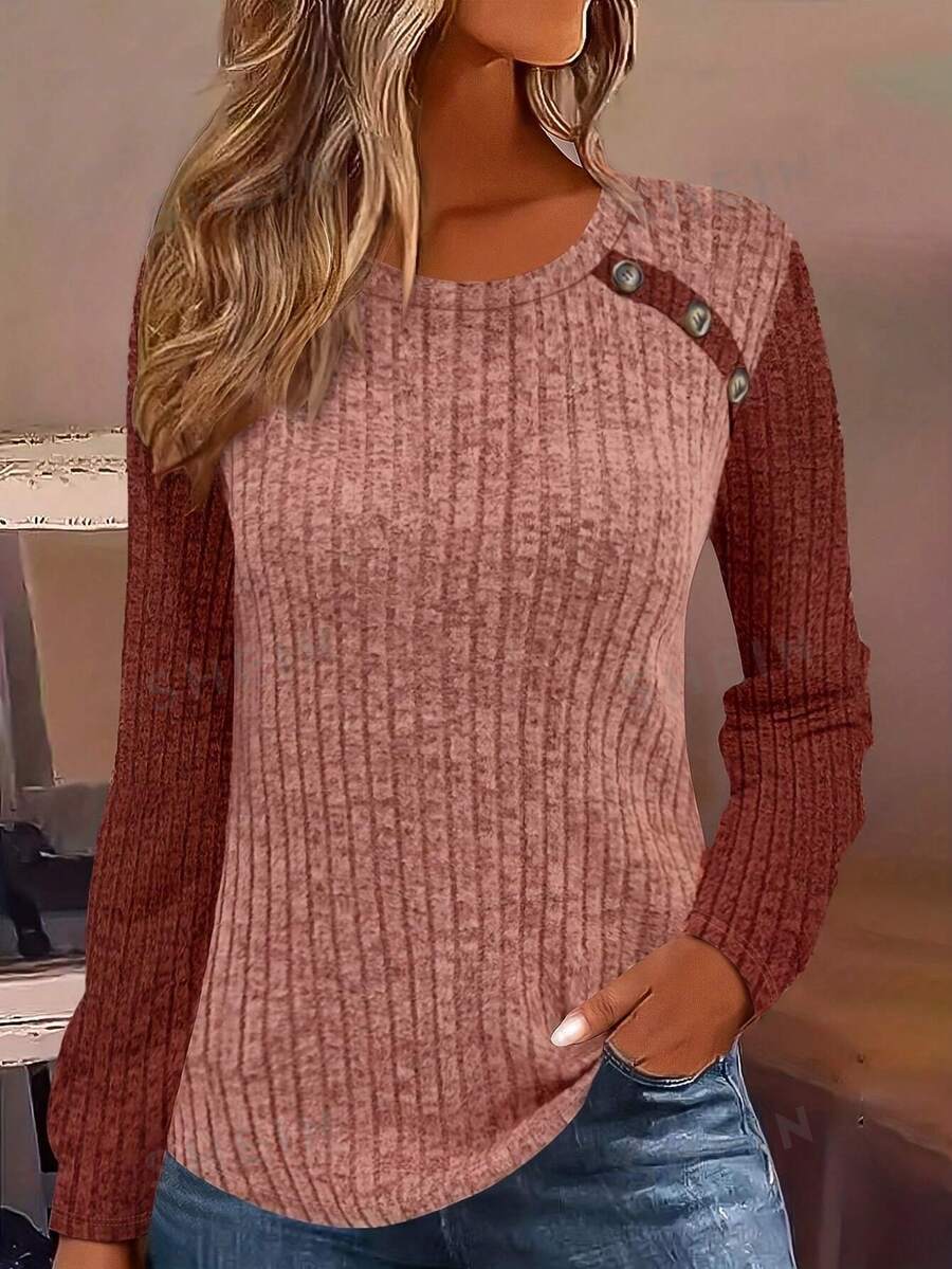 Camiseta casual de manga larga y estilo sencillo y para mujer, para uso diario - Multicolor - Ver 1