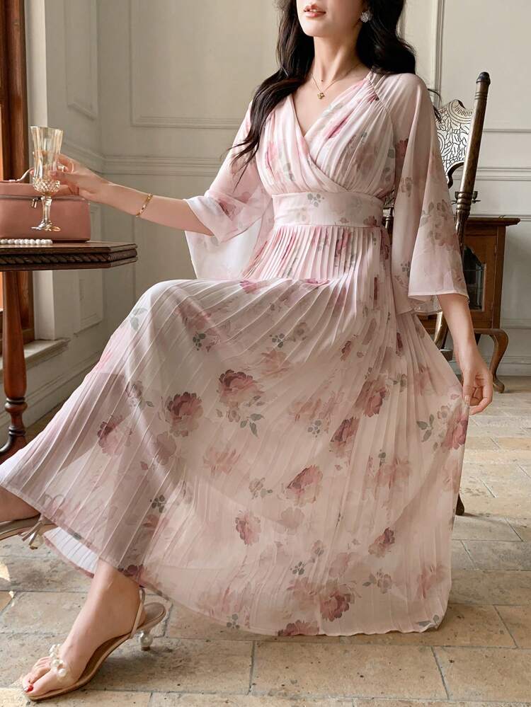 Women's Floral Print Pleated Midi Dress