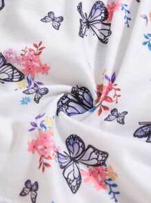 2pcs/Set Baby Girls Casual Loose Soft Solid Color & Butterfly Floral Print Purple Short Sleeve Dress 2 Pieces Set, High Cost-Effective, Suitable For Spring Summer Vacation And Outings