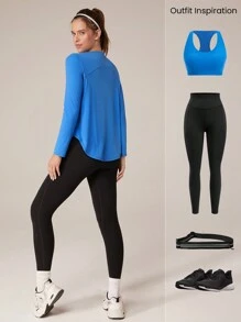 GLOWMODE Quick-Dry Power Energy Loose Fit High-Low Power Tee Low Impact Yoga Pilates Daily - Blue - View 7
