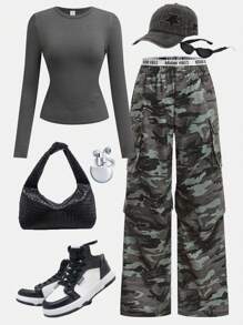 SHEIN Girlism 2 Pcs/Set Teen Girls Ribbed Long Sleeve T-Shirt And Camo Cargo Pants Set - Collegiate, Athleisure, Casual, Vintage/Boho, Fold Over - Grey - View 1