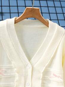 Girls Ruffle Trim Cardigan Sweater, Cute Bow Accent, Knitted, Autumn/Winter - White - View 3