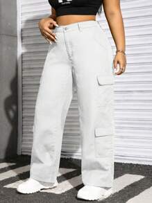 Solflare Quần Jeans Cargo Màu Trơn Đa Năng Thường Ngày Cỡ Lớn - trắng - Xem 1