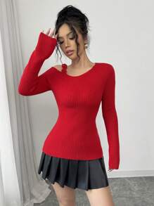 Selianne Parte superior de punto hecha a mano con cuello asimétrico y flores 3D, silueta ajustada, rojo, elegante suéter para mujeres a principios de primavera, suéter de punto de Día de San Valentín para otoño e invierno - Rojo - Ver 1