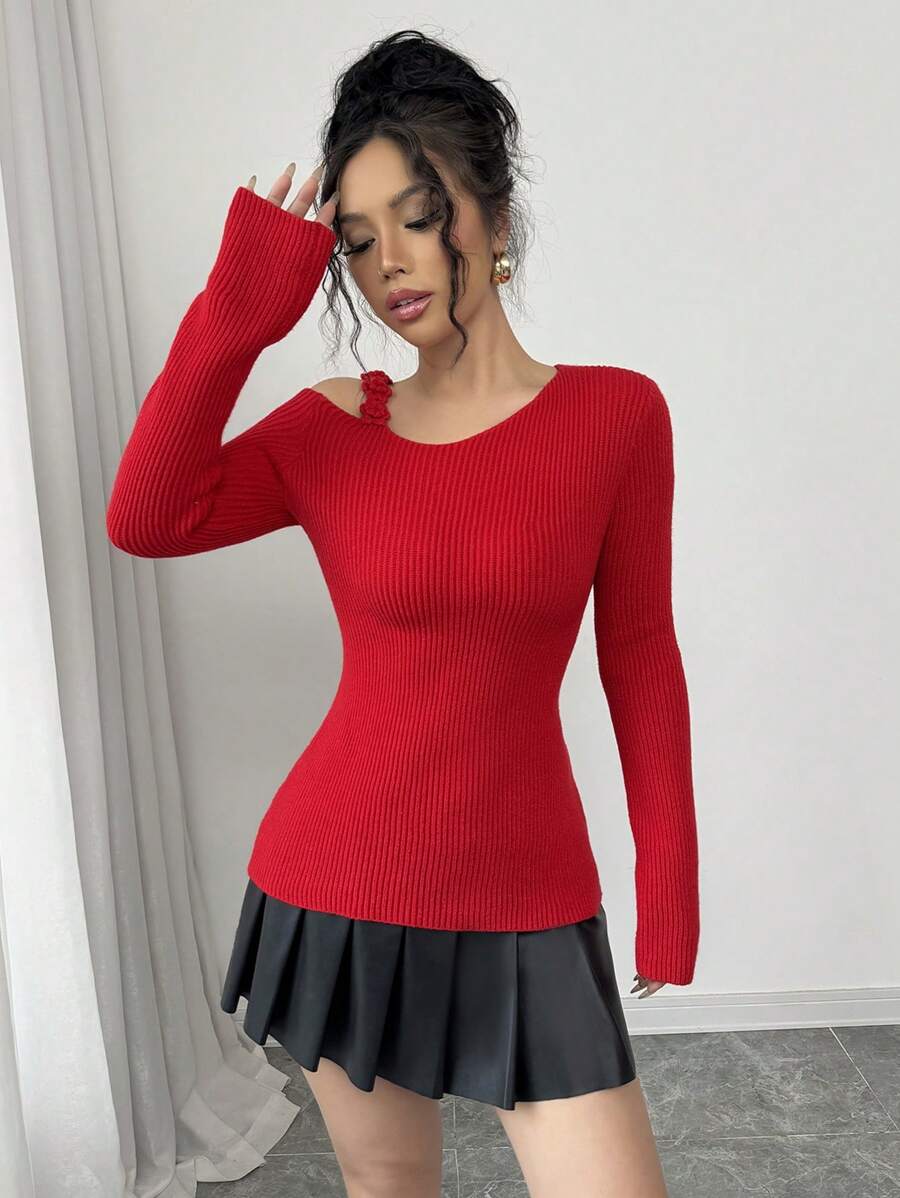SHEIN Clasi 不对称领口手工3D立体花卉针织上衣,修身版型,红色,优雅女士毛衣,适合早春穿着,情人节针织套头衫,秋冬毛衣 - 紅色 - 查看 1