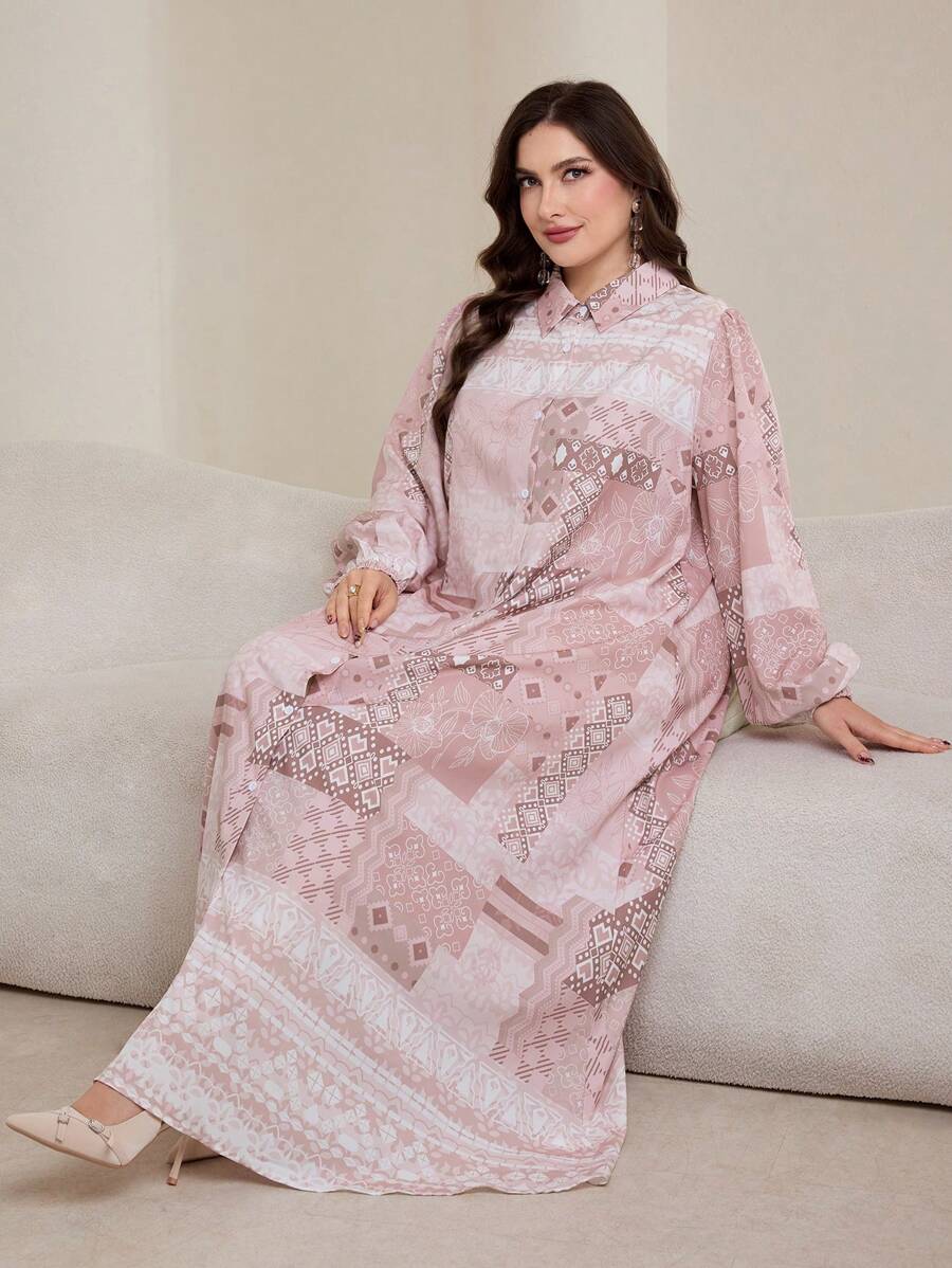 Graceveil Plus Size Elegant Geometric Print Lantern Sleeve Dress Modest - Multicolor - View 1