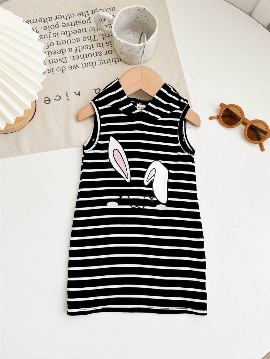 SHEIN 女童可爱夏季针织条纹卡通图案连衣裙 - 彩色 - 查看 1