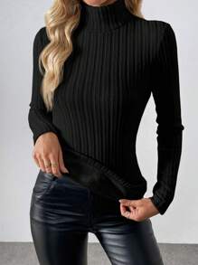 RosyDaze Ribbed Knit Thermal Lined Turtleneck Long Sleeve Top, Autumn Basic Top