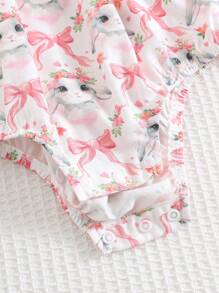 Cozy Pixies Baby Girl Cartoon Rabbit Pattern Contrast Color Round Neck Sleeveless Romper