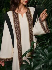 Al Najma Middle East Saudi Arabia Style V-Neck Printed & Color Block Long Dress, Dubai Abaya, Kaftan & Jalabiya,Modest