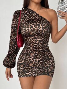 Flirla Petite Women's Leopard Print One-Shoulder Lantern Sleeve Ruched Bodycon Dress Fall Cloth For Women - Multicolor - View 6