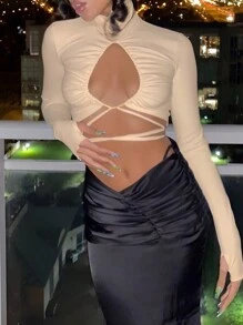 INAWLY Women Solid Color Long Sleeve T-Shirt, Minimalist Fashion Casual For Daily Wear Fall Cloth For Women - Apricot - View 3