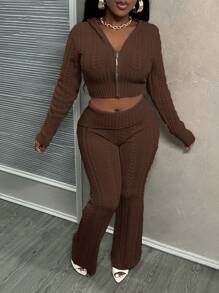 Slaydiva 2pcs/Set Casual Pink Hooded Cardigan And Low Waist Flared Knitted Pants Set - Brown - View 7