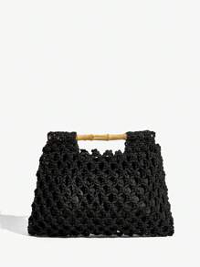 SHEIN SXY Sacs à poignée supérieure pour femmes, sacs tressés, crochetés, à la mode, élégants, simples, personnalisés, polyvalents, avec poignées en bois, pour la plage, les vacances, les jours fériés, l'été