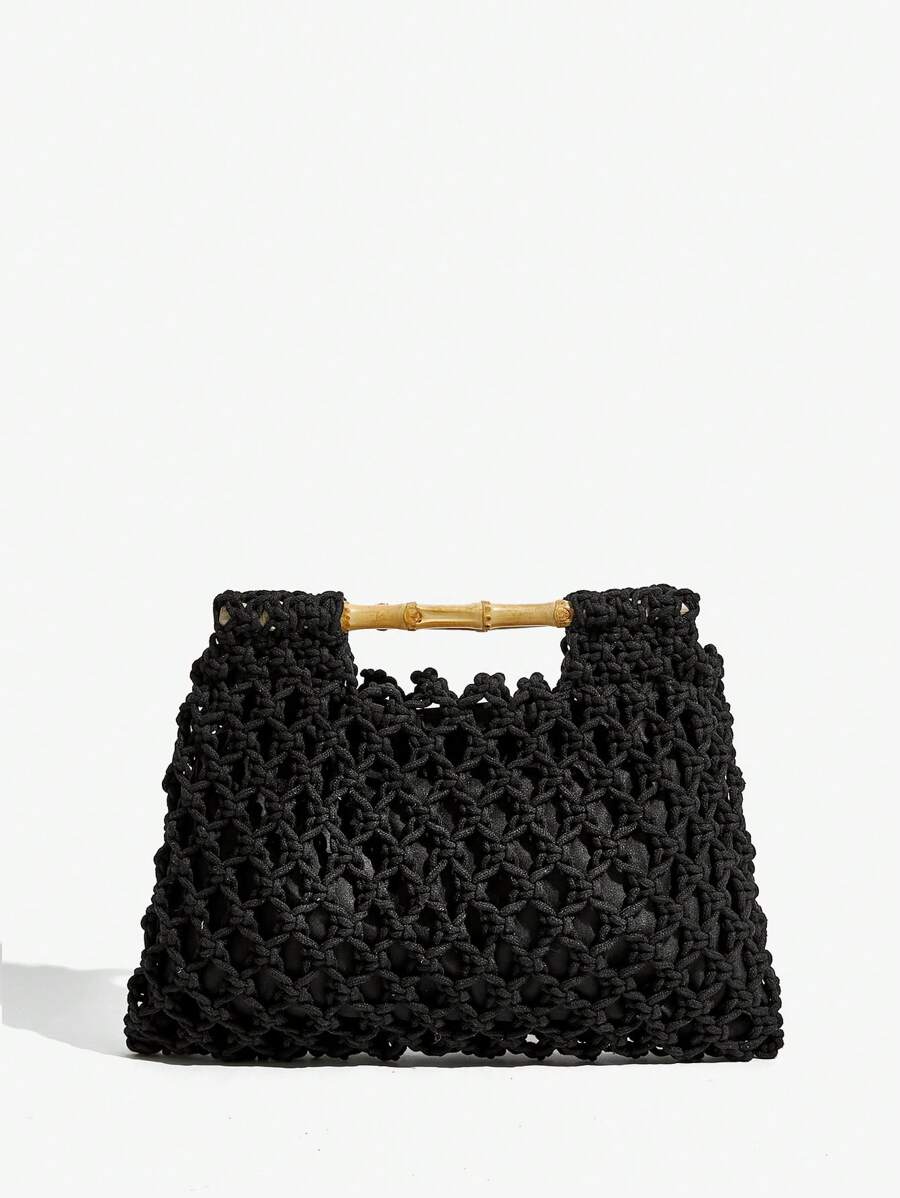 SHEIN SXY Sacs à poignée supérieure pour femmes, sacs tressés, crochetés, à la mode, élégants, simples, personnalisés, polyvalents, avec poignées en bois, pour la plage, les vacances, les jours fériés, l'été