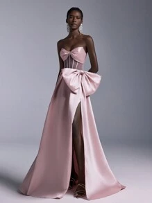 Elitara 优雅浪漫粉色奢华缎面胸部一体式大蝴蝶结装饰胸罩杯高腰性感高开叉婚礼宾客礼服，适合约会单身派对毕业典礼婚礼活动厚重晚礼服、礼服、晚礼服 - 粉色 - 查看 7