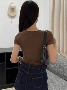 DAZY 女士休闲百搭纯色短袖 T 恤 - 棕色 - 查看 4