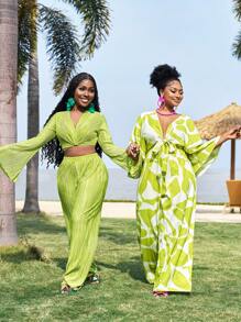 Slaydiva Spring/Summer New Women's Elegant Pleated Flare Sleeve Top And Pants Set, Versatile For Party, Banquet, Casual, Vacation, Cruise Travel, Beach, Sundress