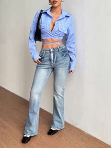 Flirla Women's Tie Up Crop Shirt, Casual Minimalist Style For Everyday Wear