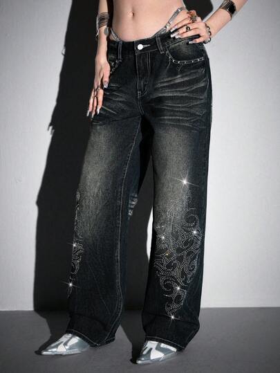 ROMWE Avant Y2K Subculture Studded Distressed Vintage Washed Low-Rise Women Jeans
