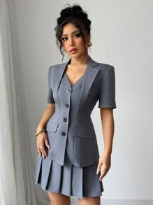 Elenzga 2pcs Linen Blend Grey 2 In 1 Elegant Blazer Jacket & Pleated Short Skirt Suit Set For Women - Dark Grey - View 3
