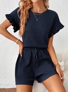SHEIN Essnce 2pcs Women Short Sleeve Top & Elastic Waist Shorts Set - Navy Blue - View 3