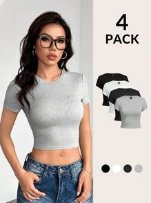 SHEIN PETITE Conjunto de 4 camisetas de mujer de manga corta, de cuello redondo, ajustadas, adecuadas para el verano, en color negro, blanco y gris con estampado floral