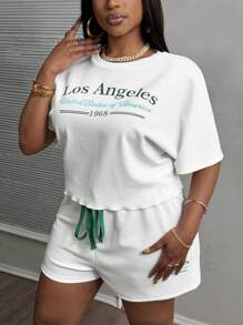 Slaydiva 2024 New Style Easter Western Versatile All-Match Casual Sports Letter Graphic Print Drawstring Elastic Waist Pullover Sweatshirt Crop Top & Shorts Two-Piece Outfit For Women, Plus Size,Holiday Outfits - White - View 7