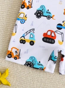 Newborn Cartoon Car Print Long Sleeve One Piece Swimsuit With Hat