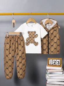 SHEIN 3pcs/Set Young Boy Casual Minimal Bear Graphic Crew Neck Short Sleeve T-Shirt, Hoodie Vest And Pants Outfit, Suitable For Casual, School, Sports, Spring/Summer - Multicolor - View 7