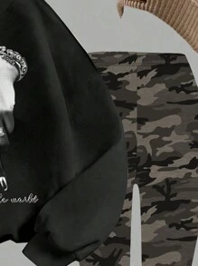 2pcs/Set Teen Girls Casual LA Hand Gesture & Camouflage Print Fleece Lined Crew Neck Sweatshirt And Leggings Set