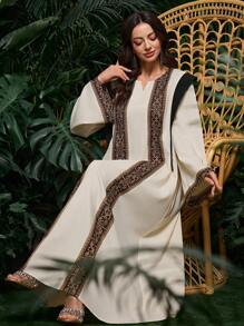 Al Najma Middle East Saudi Arabia Style V-Neck Printed & Color Block Long Dress, Dubai Abaya, Kaftan & Jalabiya,Modest