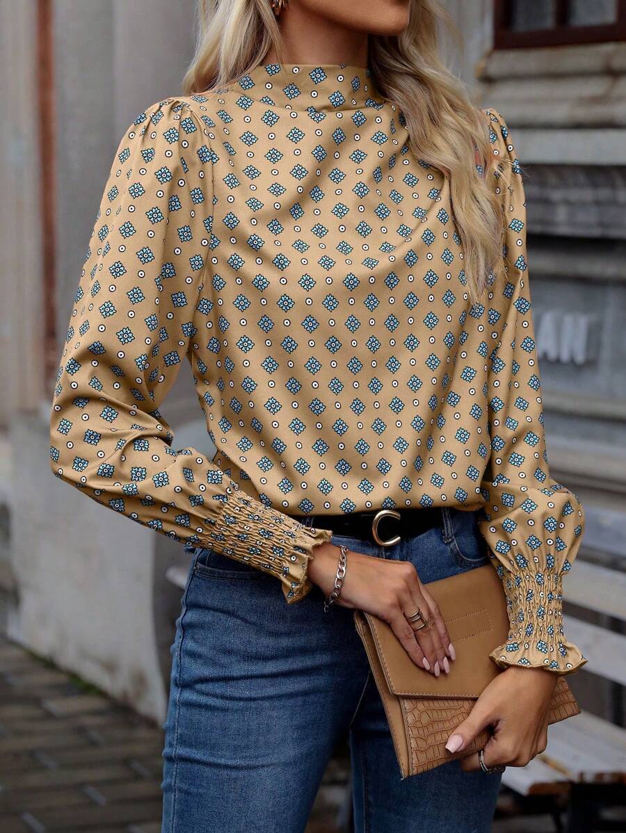 EMERY ROSE Áo cánh tay dài in họa tiết giả cổ bẻ xếp ly - Màu Khaki - Xem 1