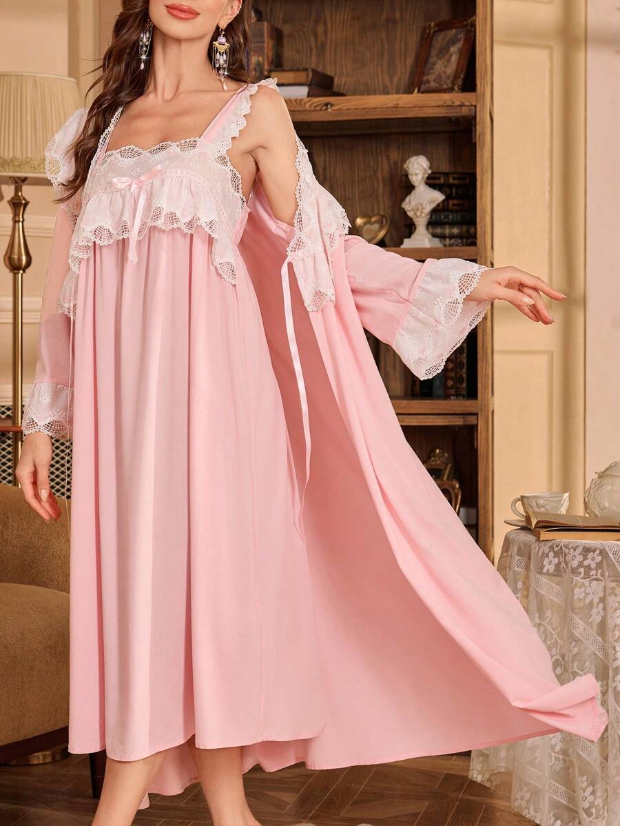 PalaceNights 2 Pieces Contrast Ruffle Hem Embroidery Floral Palace Style Women Pajamas Set