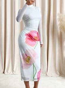 Lavishia Women Floral Print Ruched Long Sleeve Elegant Midi Dress, Bodycon Casual Wear