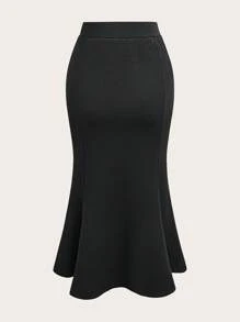 Modelyn Plus Size Chain Decor Plain Skirt, Casual Minimalist Fashion, Everyday Wear - Black - View 2