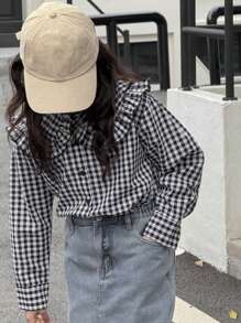Dazy Kids 青少年女孩正面纽扣长袖格子休闲衬衫 - 黑與白 - 查看 2