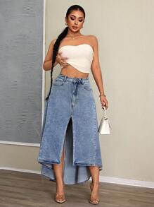 SHEIN SXY 女士休闲牛仔裙，简约时尚街头服饰 - 藍色 - 查看 3
