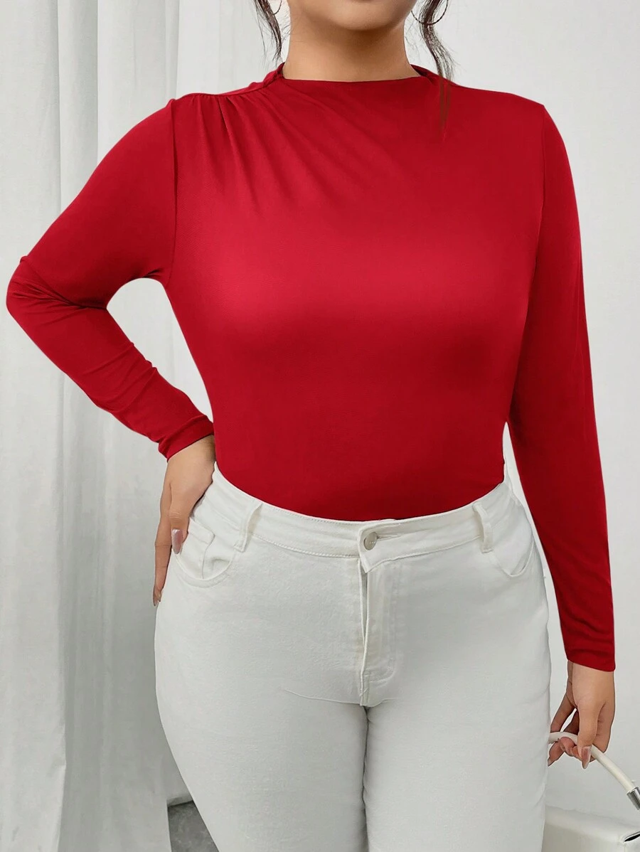 SHEIN Frenchy Camiseta azul de manga larga, con pliegues, elegante y ajustada, de talla grande para otoño y casual - Rojo - Ver 1