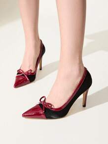 CUCCOO CHICEST Pointed Toe High Heels With Colorblock Bow Design, Elegant & Fashionable Ladies High Heel Pumps Suitable For Valentine's Day, Spring Outfits, Going Out - Black - View 5