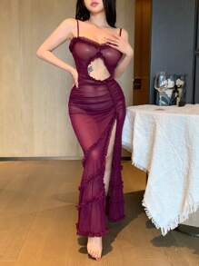 DAZY 修身蕾丝长款性感睡裙 女士内衣 - 紫色 - 查看 8