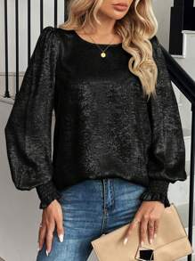 SHEIN LUNE Women's Gold Foil Round Neck Lantern Sleeve Blouse - Black - View 4