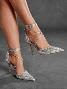 CUCCOO SZL Giày cao gót mũi nhọn đính đá màu bạc cho nữ, giày cao gót lưới rỗng, giày cao gót buộc dây gợi cảm cho câu lạc bộ tiệc tùng - Bạc - Xem 10