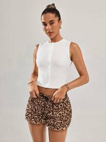 SHEIN BAE 女士白色罗纹针织单排扣休闲短款上衣，夏季女士上衣，外出上衣 - 杏色 - 查看 6