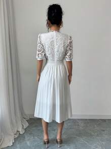 Elenzga Contrast Lace Elegant Pleated Bubble Sleeve Fitted Waist White Mini Dress - White - View 2