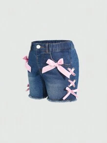 SHEIN Shorts jeans casual lavado com ilhós e laços, estilo Y2K, para meninas adolescentes, com ajuste elástico, design simples, elegante e versátil, adequado para uso diário - Lavagem escura - Ver 3