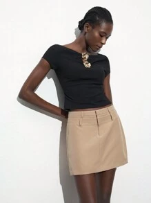 Maija 女士卡其色时尚都市早春时尚休闲通勤纯色双腰线拉链修身短款 A 字裙节日 - 卡其色 - 查看 4