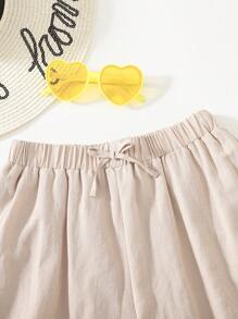 SHEIN Teen Girl Khaki Ruffle Hem Bowknot Solid Shorts - Apricot - View 3