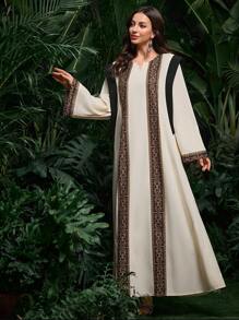 Al Najma Middle East Saudi Arabia Style V-Neck Printed & Color Block Long Dress, Dubai Abaya, Kaftan & Jalabiya,Modest