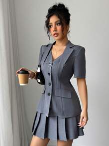 Elenzga 2pcs Linen Blend Grey 2 In 1 Elegant Blazer Jacket & Pleated Short Skirt Suit Set For Women - Dark Grey - View 6